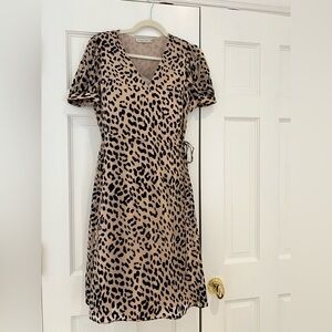 Alice + Olivia Tan and Black Animal Print Midi Wrap Dress